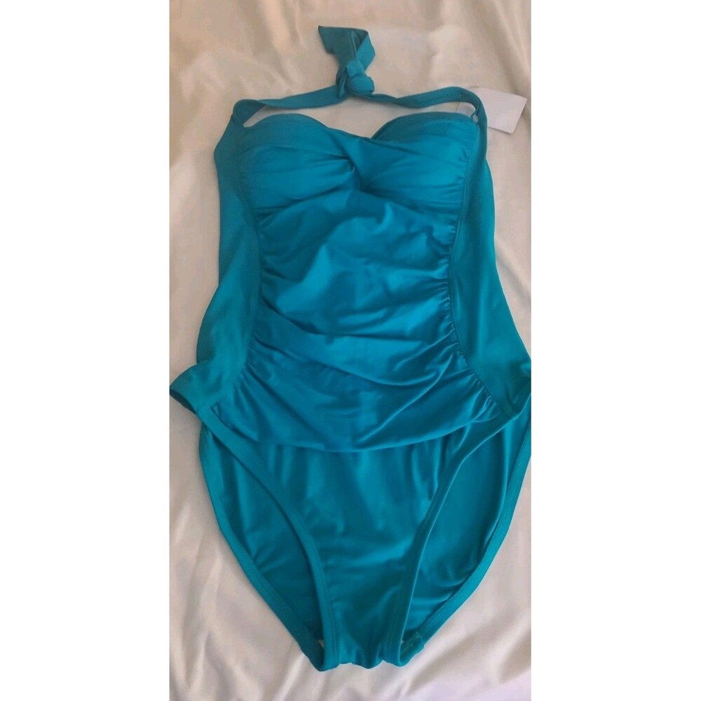 La Blanca Goddess Tourquise Blue Ruched One Piece Swimsuit Womens Size 6 New